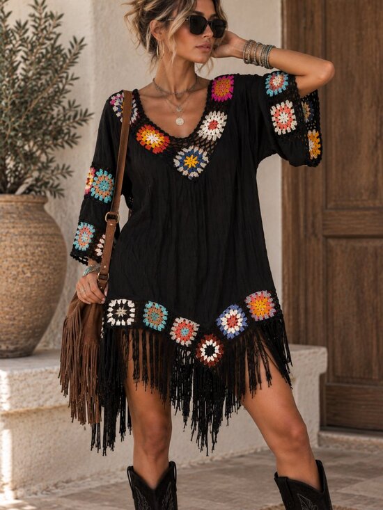 Asha Dresses & Skirts - 702 - ASHA Black Crochet Granny Square Fringe Boho Tunic Dress